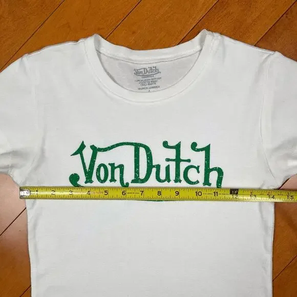 Y2K Von Dutch Logo Graphic Baby Tee White Green Babydoll T Shirt Vintage - Picture 13 of 15